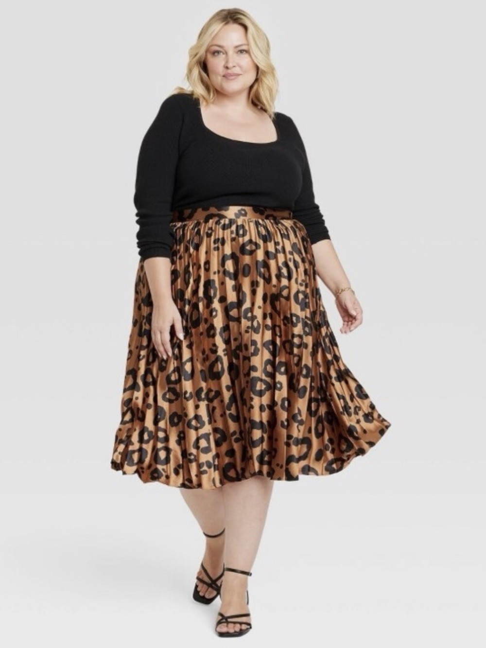 Ava & Viv Satin Cheetah Leopard Print Pleated Midi Skirt Brown Black 1X